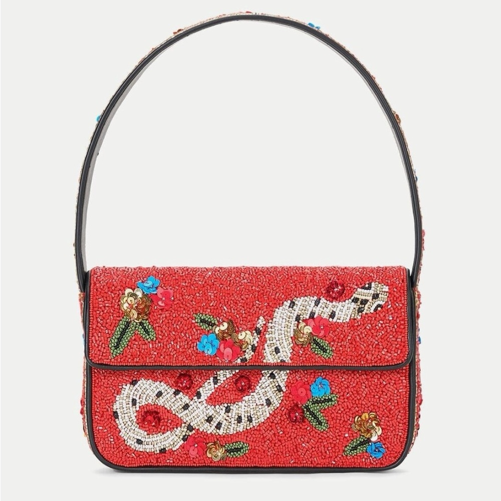 STAUD Tommy Red Beaded Shoulder Bag with Floral and Snake Design